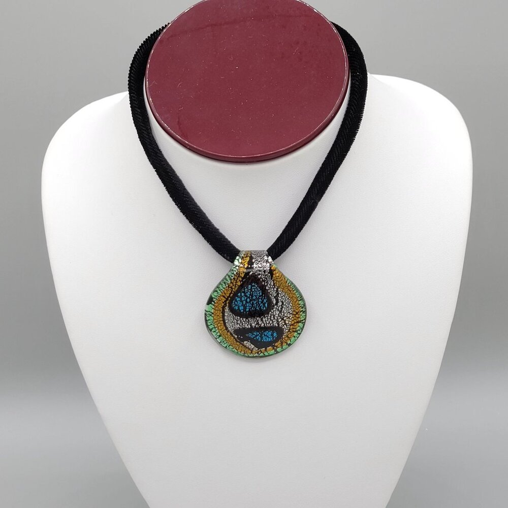 Handcrafted Dichroic Glass Pendant Necklace Adjustable Black Velvet Cord 10 In